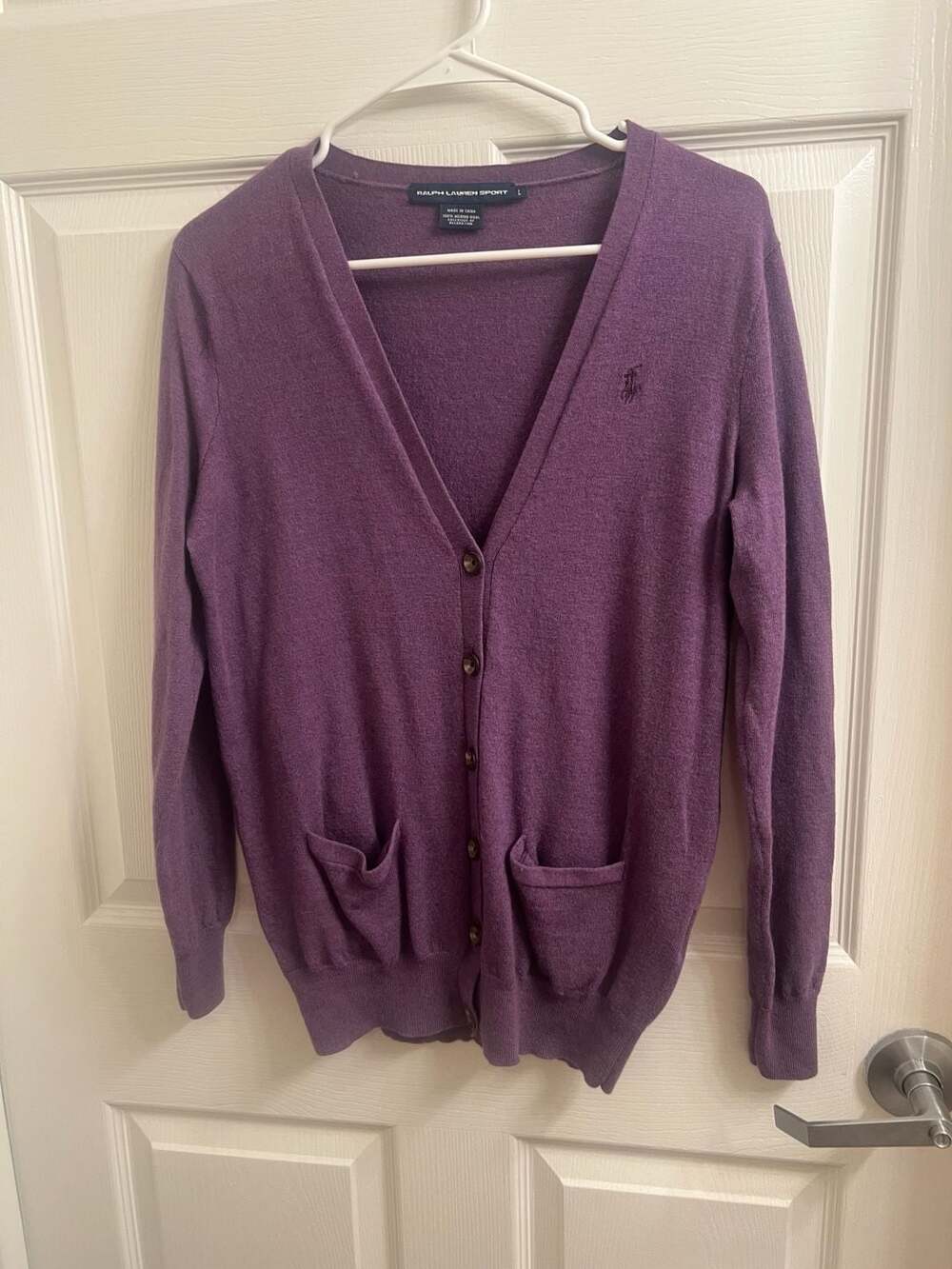 Ralph Lauren Sport Cardigan Size L Purple Merino Wool Sweater Casual Preppy